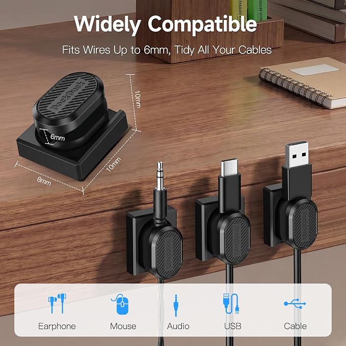 6-Pack Magnetic Cable Clips with Detachable Magnetic Base, Auto Dock Cable Organizer, Self-Adhesive Cord Holder for Round & Flat Cables, One-Hand Cable Management for Desk, Car, Office