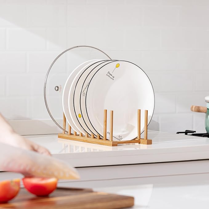 HBlife 2pcs Heighten Bamboo Wooden Dish Drying Rack Plate Pot Lid Organizer | Plate Bowl Cup Book Pot Lid Cutting Board Stand, Drainer Storage Holder Organizer, For Kitchen Cabinet, 8 Slots