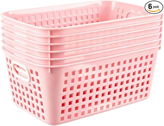 6 Pack Plastic Classroom Storage Baskets, Organizer Bins with Handle | Pink Color 11" × 7.1" × 4.6" Medium Papers Book Storage Organizer for School Classroom Library Office Home Desktop Bookshelf
