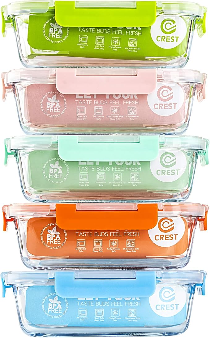 Glass Meal Prep Glass Containers with Lids, Glass Lunch Box, 5-Pack, 34 OZ | 5 Pack Glass Food Storage Containers, 34 OZ