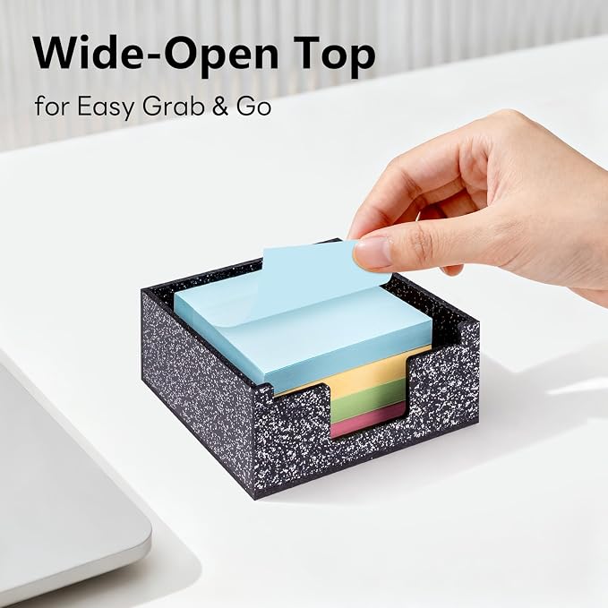 Acrylic Sticky Note Holder 4x4in Tray for Desk, Black Glitter | Sparkling glitter acrylic tray, fits 3x3 sticky notes, compact organizer for office school and home