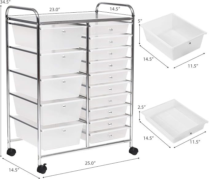 HAPPYGRILL 15-Drawer Rolling Cart, Storage Carts with Removable Drawers & Steel Frame, Utility Cart on Lockable Wheels for Home, School, Office,Clear