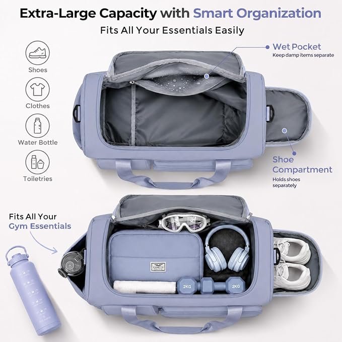 FIORETTO Women's Gym Duffle Bag with Shoes Compartment, 30L Capacity, Ideal for Travel, Gym, Sports, Duffel, Weekender