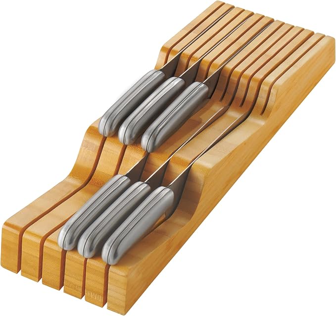 Bambüsi Knife Drawer Organizer - Bamboo Wood In-Drawer Knife Block Holder for Kitchen Drawer, 16 Slot Blade Down Knife Organizer Insert, Fits Chef & Steak Knives, Standard Drawer (Knives Not Included)