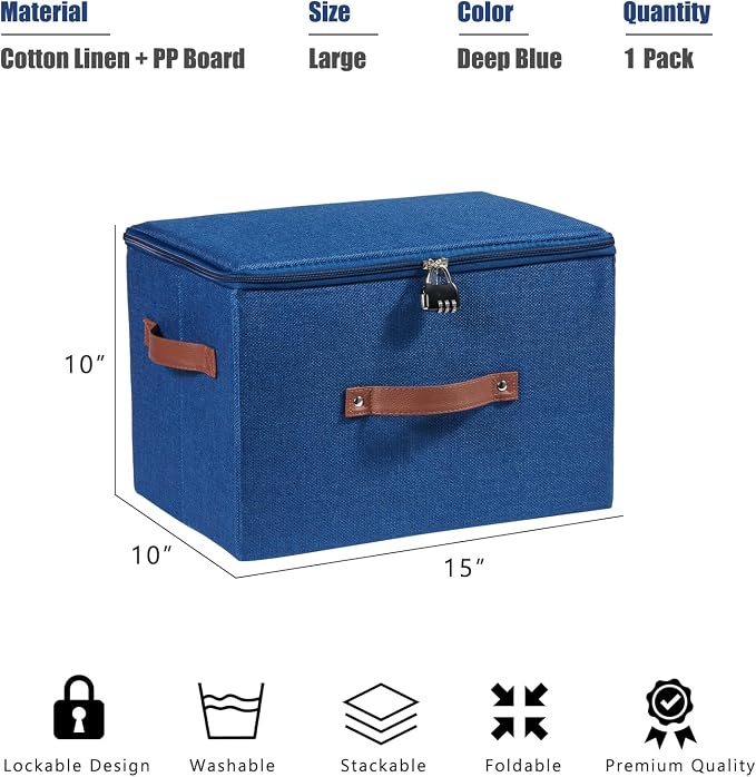 Storage Bins Boxes with Zipper Lid Combination Lock PU Leather Handles Cotton Linen Fabric Lidded Lockable Baskets Foldable Washable Closet Shelf Organizer Container (Deep Blue, Large)