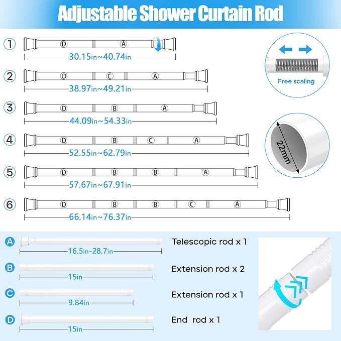 1pack Shower Curtain Rod 30-76 inch White Tension Rod Shower rod Non Slip Adjustable Curtain Rods No Drilling Tension Curtain Rod Shower Rods for Bathroom Windows Closet