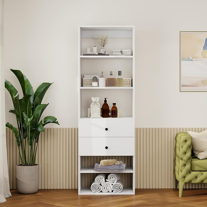 GraceGrove 71" High Modular Wooden Closet Organizer System with 3 Shelves &2 Drawers, Wall Mount Shelving with Storages, Walk in Closet Bedroom Organization,Closet Organizers and Storage, White