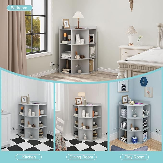 HedoAjim Corner Cabinet, Corner Storage Shelf with USB Ports and Outlets Industrial Organizer for Small Space Wooden 9-Cubby Bookshelf for Study, Playroom, Living Room (Grey)