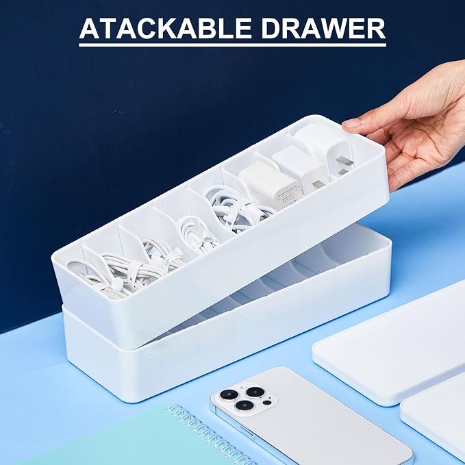 Tatuo 4 Pcs Cord Organizer for Drawer Desktop, Cable Organizer Box with 8 Compartments and Wire Ties, Plastic Charger Storage with Lid, Electronics Case for Home Office Accessories (Small,White)