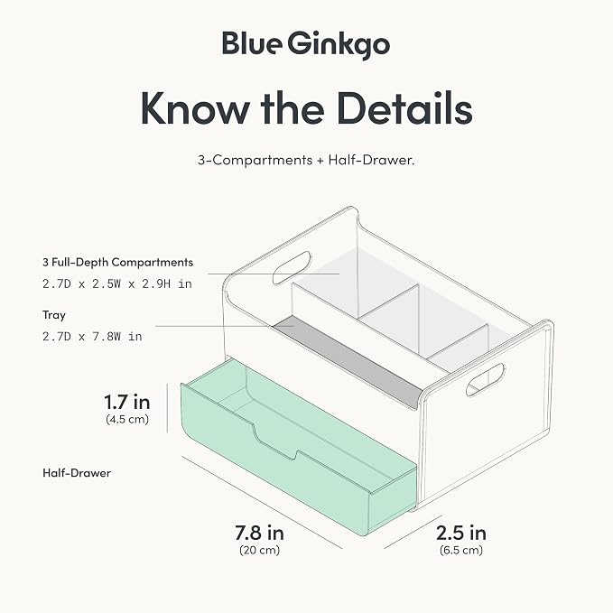 BLUE GINKGO Portable Desk Organizer – Compact 3 Compartment, Half-drawer Storage – Pen Holder, Stationery Desktop Organizer for Office, Makeup, Crafts (Made in Korea, White)