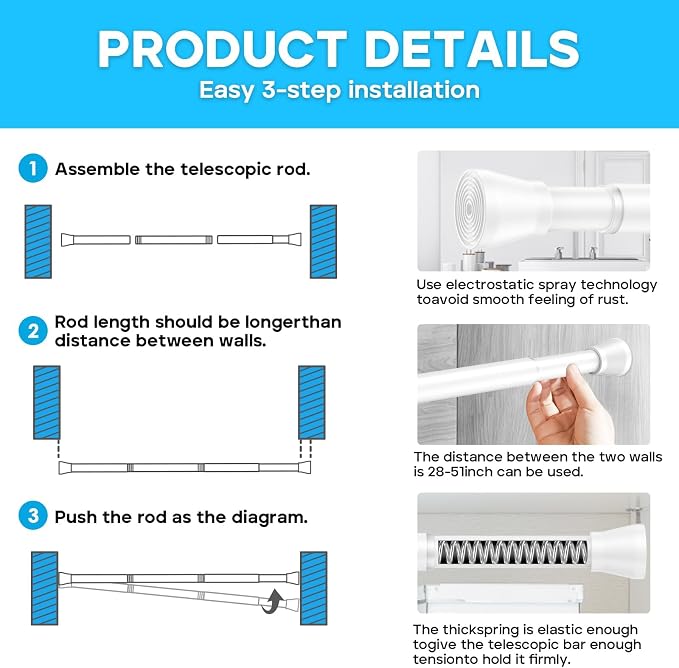 AIZESI Spring Tension Rods Adjustable Tension Curtain Rod Small Tension Rod No Drilling Expandable Spring Loaded Curtain Tension Rod?White,45" to 77"-2Pcs)
