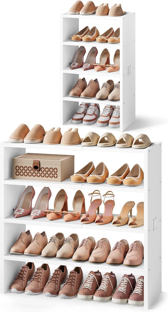 Hoctieon 2 Pack Expandable Shoe Shelf, 2-Tier Adjustable Shoe Shelf Storage Organizer, Stackable Iron Wood Combination Free Standing Shoe Rack for Entryway, Closet, Doorway, White