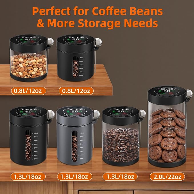 Automatic Vacuum Coffee Canister, 1.3L Coffee Container with LED Display | Smart Pressure Sensor,Window,Scoop Rechargeable Airtight Electric Coffee Bean Storage for Home Kitchen Ground Food Storage