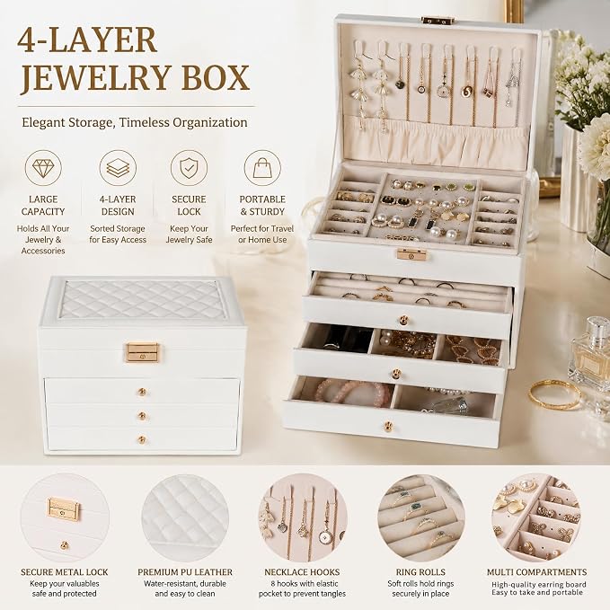 Leather Jewelry Box with Lock for Women, 4-Tier 3-Drawer Large Capacity Organizer, Vanity Storage Case for Earrings Rings Necklaces, Elegant Gift for Her (White, 9" L x 6.7" W x 7" H)