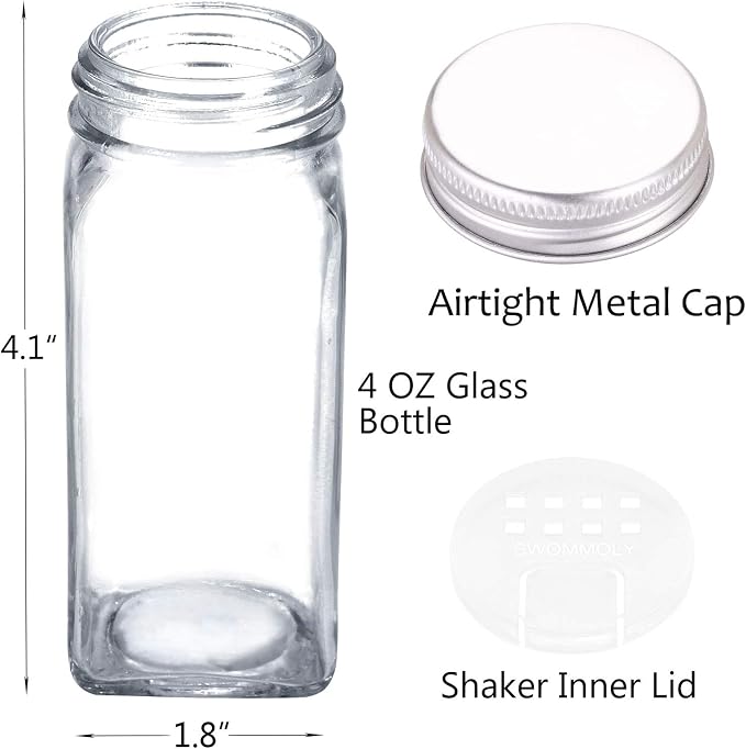 SWOMMOLY 36 Pcs Glass Spice Jars with Lids, 4oz Spice Bottles with Labels | Empty Spice Containers with Shaker Lids, Chalk Marker, Funnel - Seasoning Containers for Spice Racks, Cabinets, Drawers