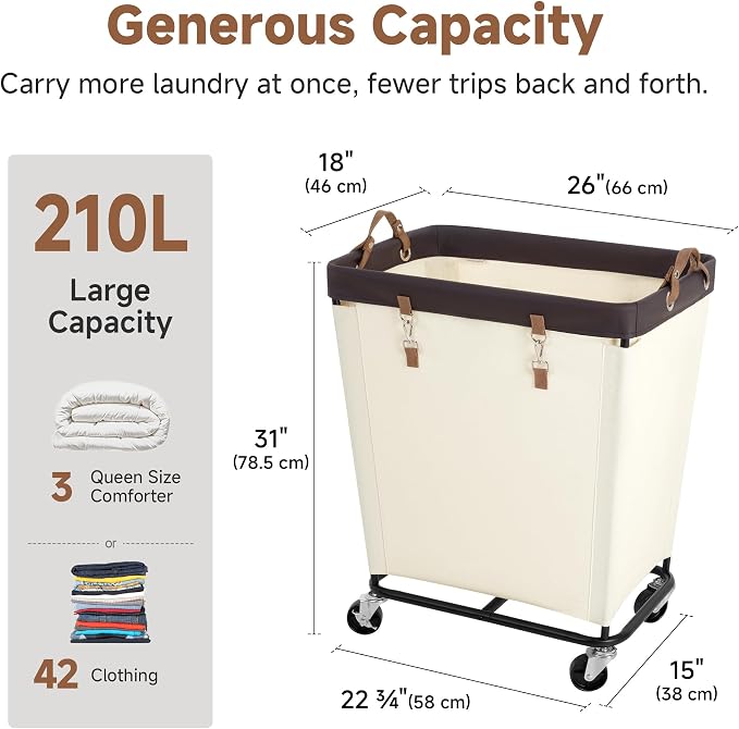 StorageWorks Laundry Basket with Wheels for Clothes, 210L Beige Hamper Cart