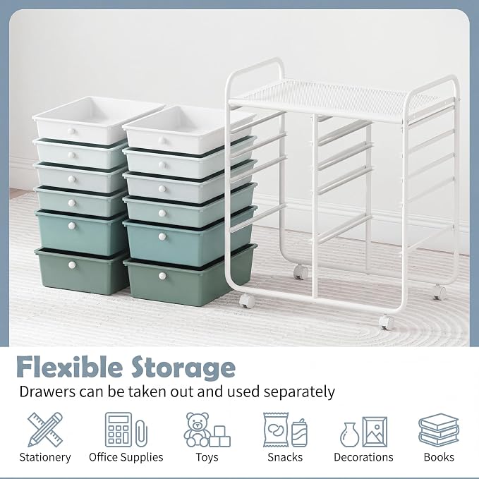 GOFLAME 12-Drawer Rolling Storage Cart, Multipurpose Organizer with 2 Sizes Plastic Drawers, Mobile Utility Cart with Lockable Casters for Home, Office, Beauty Salon, School, Green Gradient