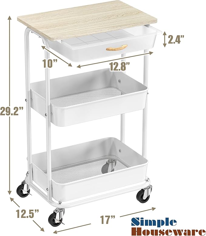 Simple Houseware 3-Tier Rolling Utility Cart with Drawer & Wood Top, Maple | Mobile Sofa Side Table, Nightstand, Slim Storage Organizer Trolley for Bedroom, Bathroom, Office & Art Supplies