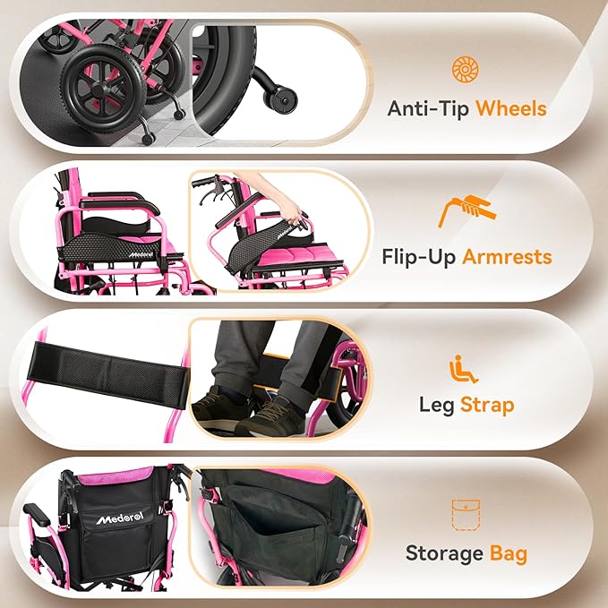 Lightweight Transport Wheelchair for Adults, Versatile Transport Wheel Chair, Supports 300 lbs, Self-Braking, Foldable & Portable, for Seniors, Elderly and Disabled
