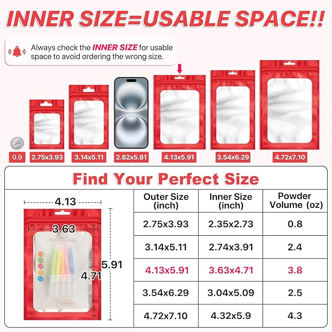 100 Pack Smell Proof Bags, Resealable Packaging Mylar Bags, Heat Seal Bags with Frosted Clear Window, Foil Pouch Smell Proof Zipper Bag for Food Storage (Red, 4.13 x 5.91)