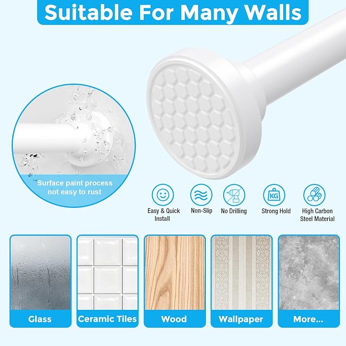 MEXAU White Shower Curtain Rod 40-78 Inch Adjustable 1.26 Inch Diameter Tension Curtain Rod No Drill, Tension Rod for Window, Bedroom, Bathroom, Outdoor, Room Divider