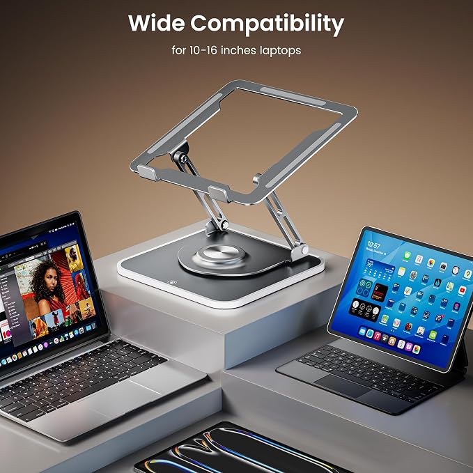 JOYEKY Adjustable Laptop Stand with RGB Lighting,Aluminum Ergonomic Computer Stand with 360° Rotating Base,Foldable & Portable Laptop Riser, Suitable for All 10-16” Laptops (Grey)