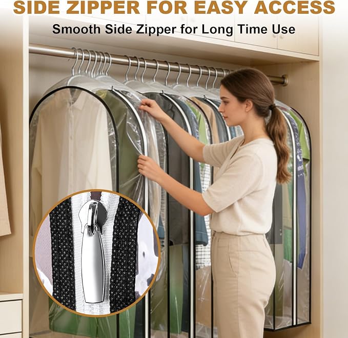 60" Clear Clothes Hangers with Smooth Side Zipper, 10" Gusseted Waterproof Garment Bags for Shirts, Coats, Dresses, Suits, 4 Pack