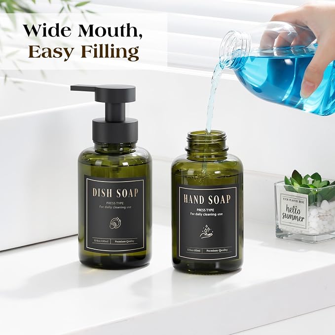 Luxspire Foaming Soap Dispenser, Glass Foam Pump Soap Dispenser, Non-Slip Hand Soap Container with 5 Waterproof Labels, 15 Oz Refillable Liquid Soap Holder for Bathroom & Kitchen, Olive Green, 2 Pack