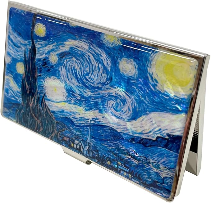 Mother of Pearl Business Card Case Credit Id Name Holder Travel Wallet Art Painting Design Metal Stainless Steel Engraved Slim Purse Pocket Cash Money Wallet (Starry Night)