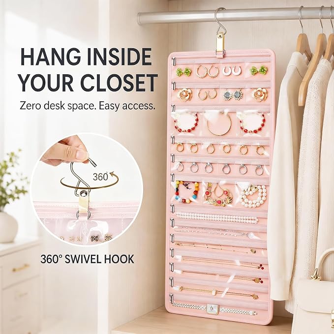 32-Pocket Hanging Jewelry Organizer and Foldable Travel Roll | Clear Zippered Pockets, Necklace Clasps, Swivel Hook and Carry Buckle Keep Pieces Visible and Tangle-Free, Pink