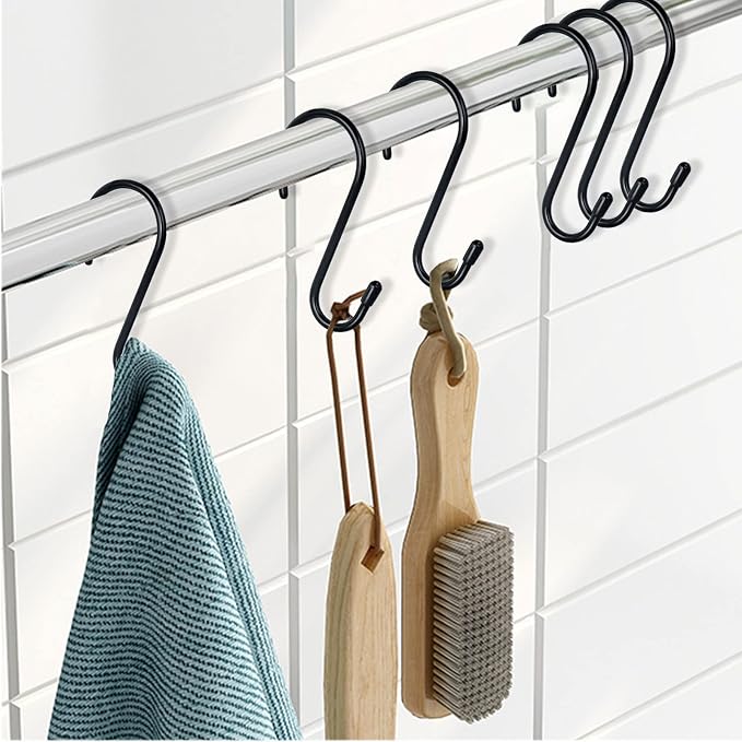 12 Pack 4-1/2 Inch S Hooks, Large Vinyl Coated Closet Hooks Non Slip Heavy Duty for Hanging, Steel Metal Black Rubber Coated for Jeans Plants Clothes Pot Pan Cups Towel