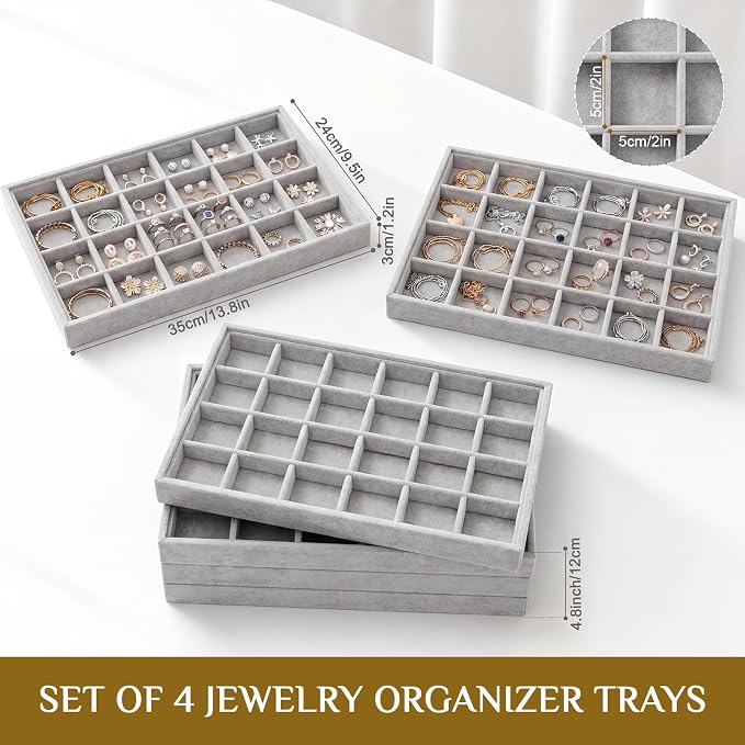 Unittype Set of 4 Stackable Jewelry Organizer Tray for Drawer Inserts Velvet Necklace Earring Bracelet Ring Holder Jewelry Display Storage Box for Bangle Stud Necklace Ring(24 Grid,Gray)