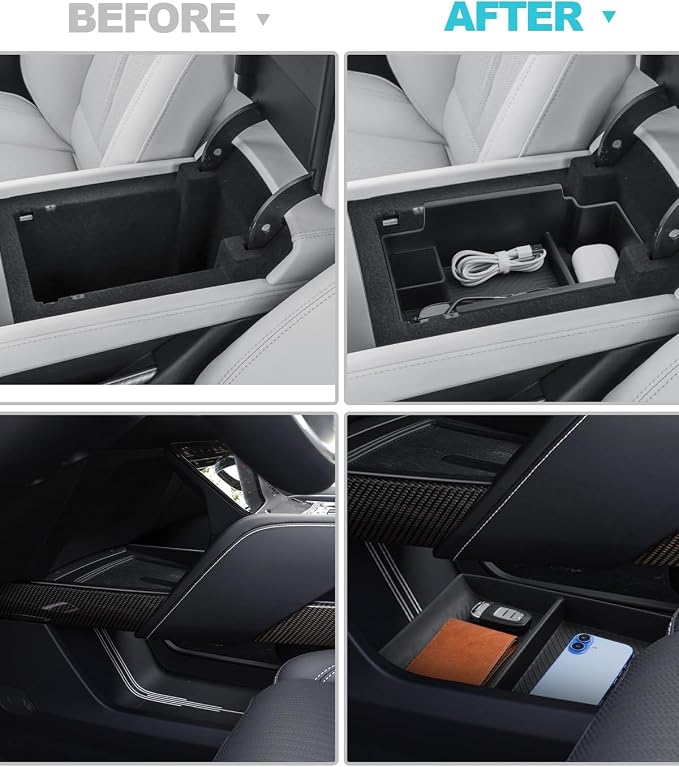 CDEFG 2Pcs for 2026 Cadillac Vistiq Center Console Organizer & Lower Tray | 2026 Vistiq Accessories Middle Console & Lower Console Tray Armrest Storage Box ABS Material