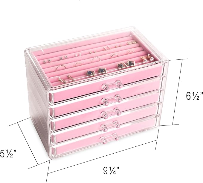 Frebeauty Extra Large Acrylic Jewelry Box for Women 5 Layers Clear Jewelry Organizer Velvet Earring Box with 5 Drawers Rings Display Case Necklaces Holder Tray for Women Girls(Pink) | Jewelry Storage for Rings Earrings Bracelets,Dustproof,Velvet Lining...