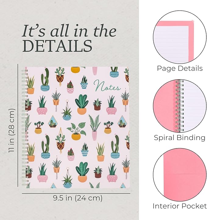 Steel Mill & Co Cute Large Spiral Notebook College Ruled, 11" x 9.5" with Durable Hardcover and 160 Lined Pages, Succulent