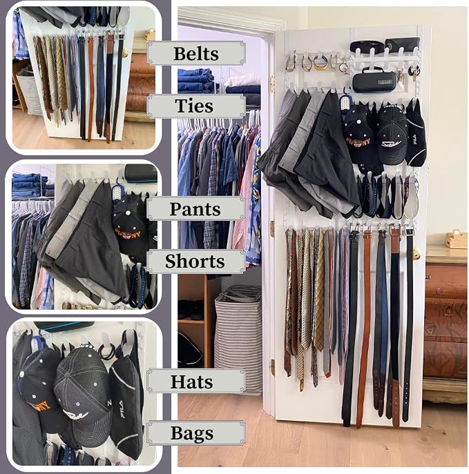 Evelots Rack for Purses, Belts, Jewelry, Ties, Hats - New Over the Door Organizer - Adjustable 8 Tier - 40 Hooks for Multi Uses - Easy Assembly - No Tools Needed - White Coated Sturdy Metal