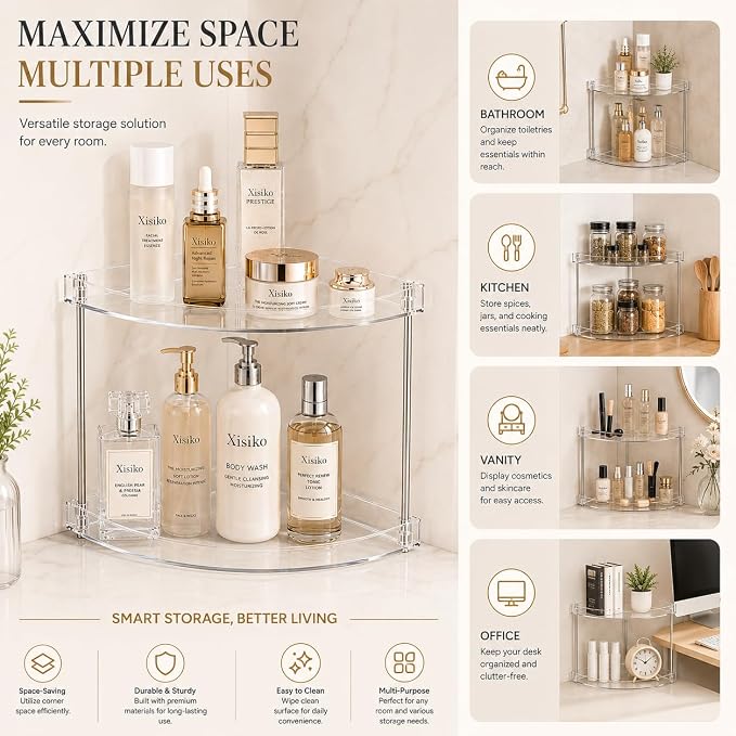 2 Tier Clear Corner Bathroom Counter Organizer, Vanity Countertop Storage Shelf for Makeup, Skincare, Perfume, Kitchen & Sink Organization, Space‑Saving Triangular Design, with Metal Support