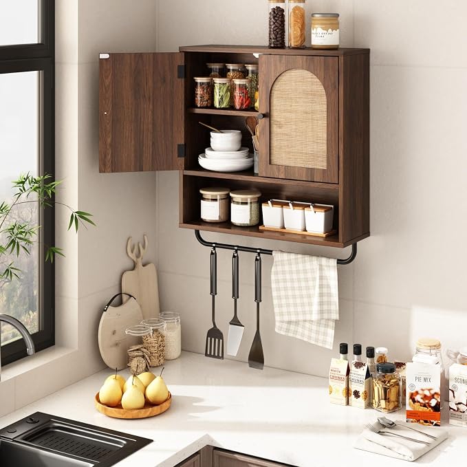 RUSTOWN Rattan Bathroom Wall Cabinet, Boho Medicine Cabinet with 2 Arched Doors, Farmhouse Over the Toilet Storage Cabinets with Adjustable Shelves & Towel Bar, 3-Tier Wall Mounted Cabinets