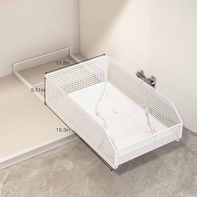Pull-Out Cabinet Organizer, Heavy Duty Slide out Pantry Shelves Drawer Storage, Self-Adhesive Slide-Out Pantry Shelves, Under Sink Storage Basket, Carbon Steel, 15.3" W x 11.8" D x 5.5" H