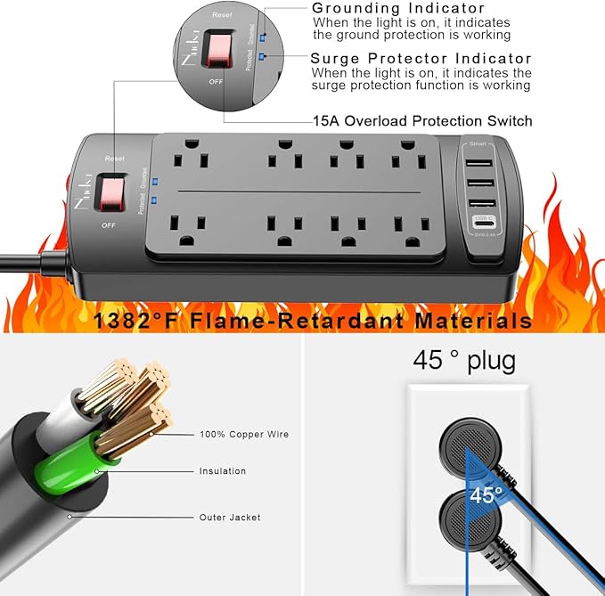 Surge Protector Power Strip - Nuetsa Flat Plug Extension Cord with 8 Outlets and 4 USB Ports, 20 Feet Power Cord, 2700 Joules, ETL Listed, Black