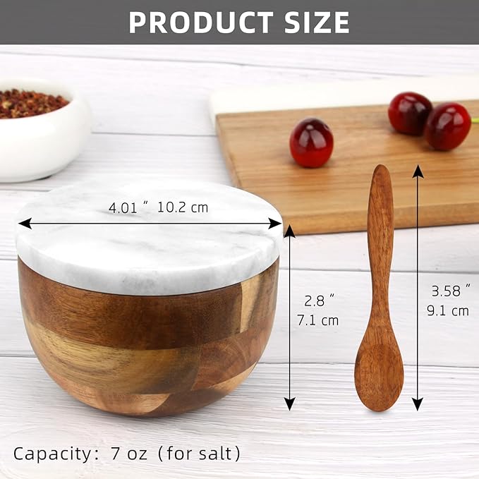 Salt Cellar Box with Lid & Spoon, Modern White Stone Salt or Pepper Sugar Spice Seasoning Bowl Container Jar Holder Well Keeper Dish Pig Crock for Kitchen (White Grey Marble Lid)