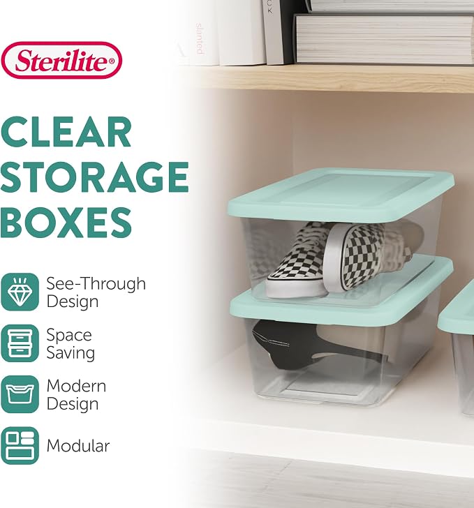 Sterilite Set of 5 Storage Boxes, Clear Plastic Stackable Containers, Lightweight Home Organizers with Snap Lids, 6 Quart, Mindful Mint