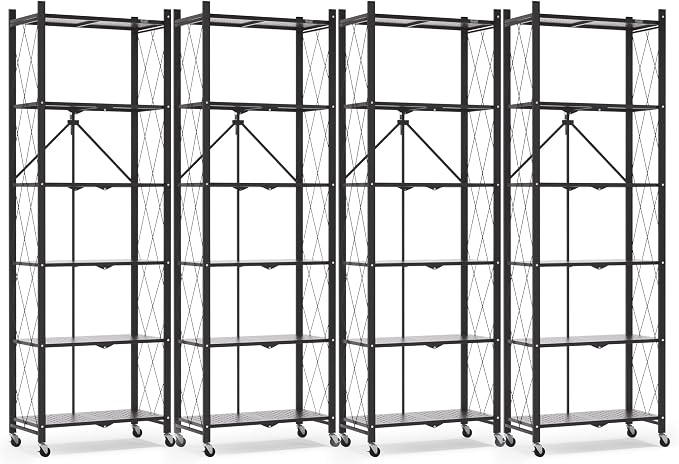 ALANNG 73.6 Inch Folding Bookshelf, 6 Tier Metal Bookcase and Bookshelves | Tall Shelves for Living Room Office Bedroom, Heavy Duty Book Shelve Free Standing Open (Black, 4PACK)