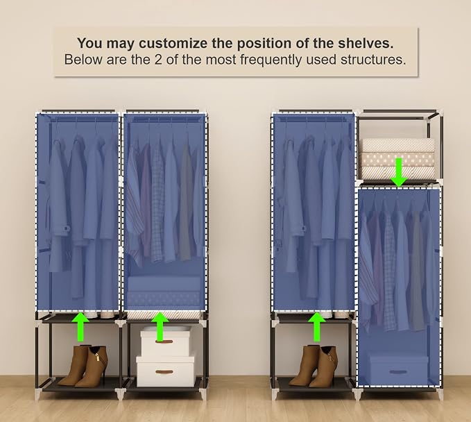 35“ Portable Closet Wardrobe for Small Room, Hanging Rods Shelves & Cover | 2 Clothes Hanging Rods, 4 Shelves and Non-Woven Fabric Cover