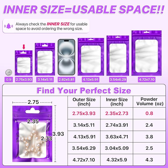 100 PCS Resealable Mylar Bags with Zipper and Frosted Clear Window Smell Proof Packaging Bags Foil Pouch Zipper Bag for Food Self Sealing Storage Supplies (Purple, 2.75×3.93)