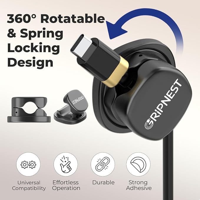 Cable Clips, 8 Pack Rotatable Cord Organizer with Adhesive | Strong Adhesive • 360° Rotatable • Secure Cable Management • For Desk, Car & Nightstand