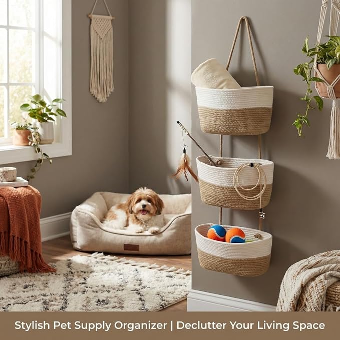 Hanging Basket, Woven 3 Tier Over Door Basket with 4 Hooks | Hanging Storage Basket for Door, Wall, Nursery, Bathroom, Bedroom, Decorative Over Door Basket Organizer for Stuffed Animals