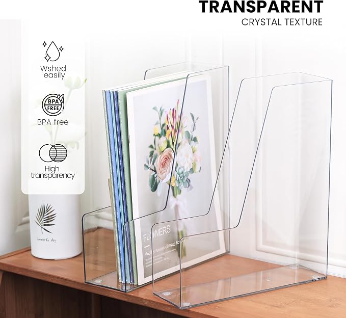 LALOBLUE Vertical Magazine File Holder, Clear, 4 Pack | Plastic, Holds Magazines, Binders, Notebooks, Envelopes, Desk Organizer and Storage Bins
