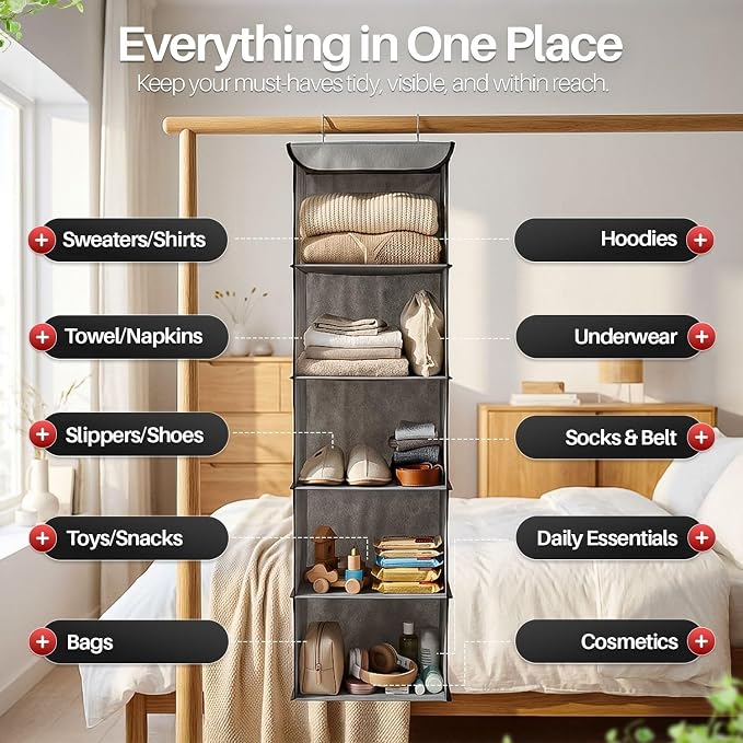 Flexzion 5-Shelf Fabric Hanging Closet Organizer, 11.9-Inch Wide, Brown | Shelves for Dorms with 6 Side Mesh Pockets and 2 Metal Hooks; Open Storage for Clothes, Towels, and Accessories