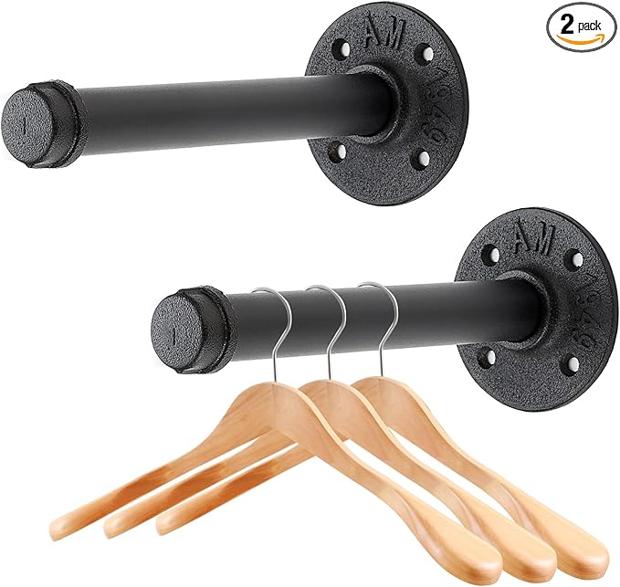 6 Inch Black Industrial Pipe Floating Clothing Rack Wall Mounted, Heavy Duty Garment Rack for Hanging Clothes, Multi-purpose Hanging Rod for Closet Storage, 2 Pack